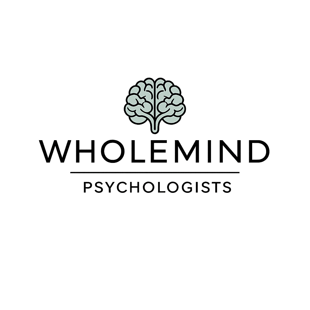 Wholemind Psychologists logo for counselling and psychological services, featuring a brain icon above the practice name “Wholemind Psychologists” in a modern black font.