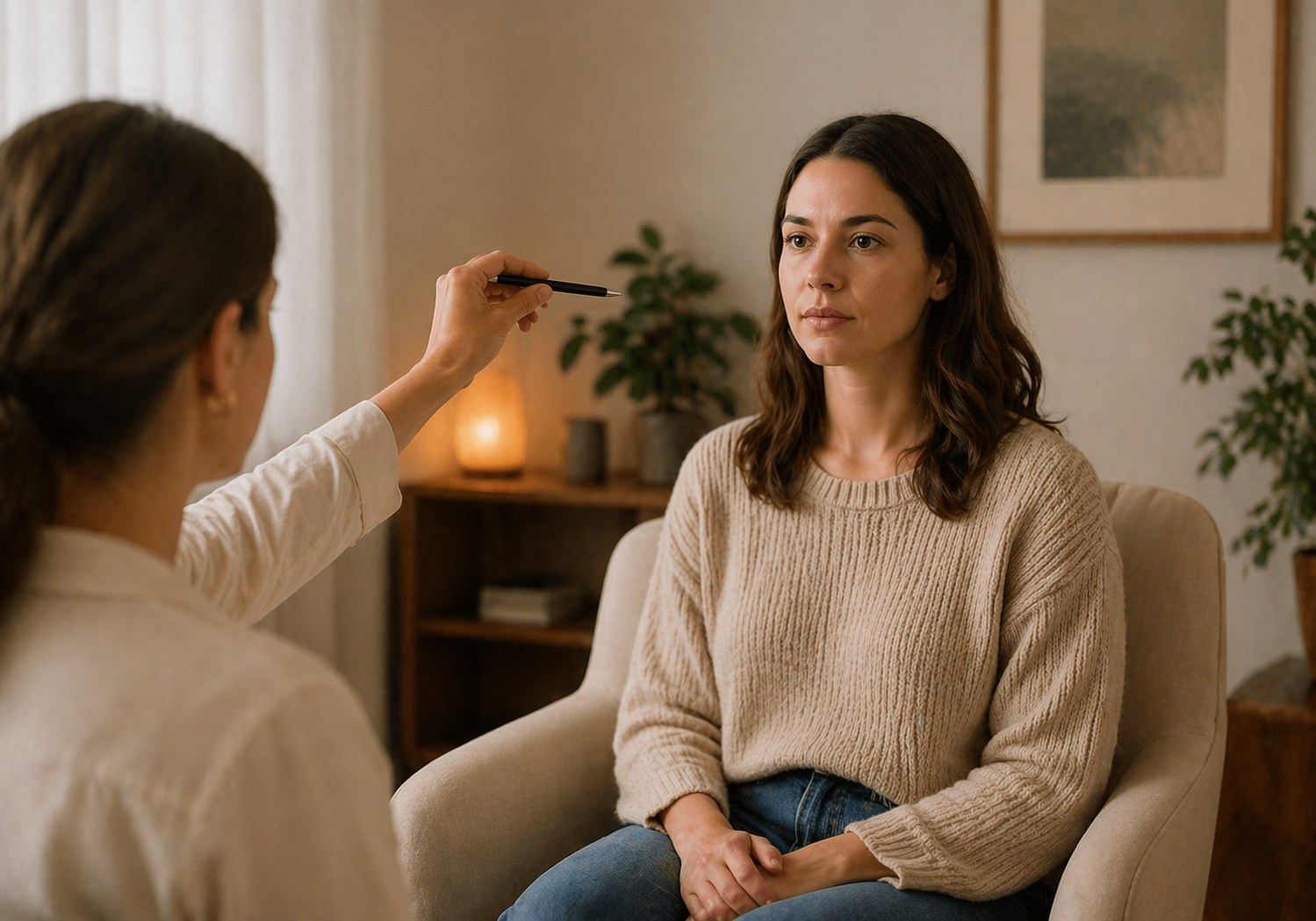 Therapist guiding client through brainspotting technique during trauma therapy session at Whole Minded Psychologists.