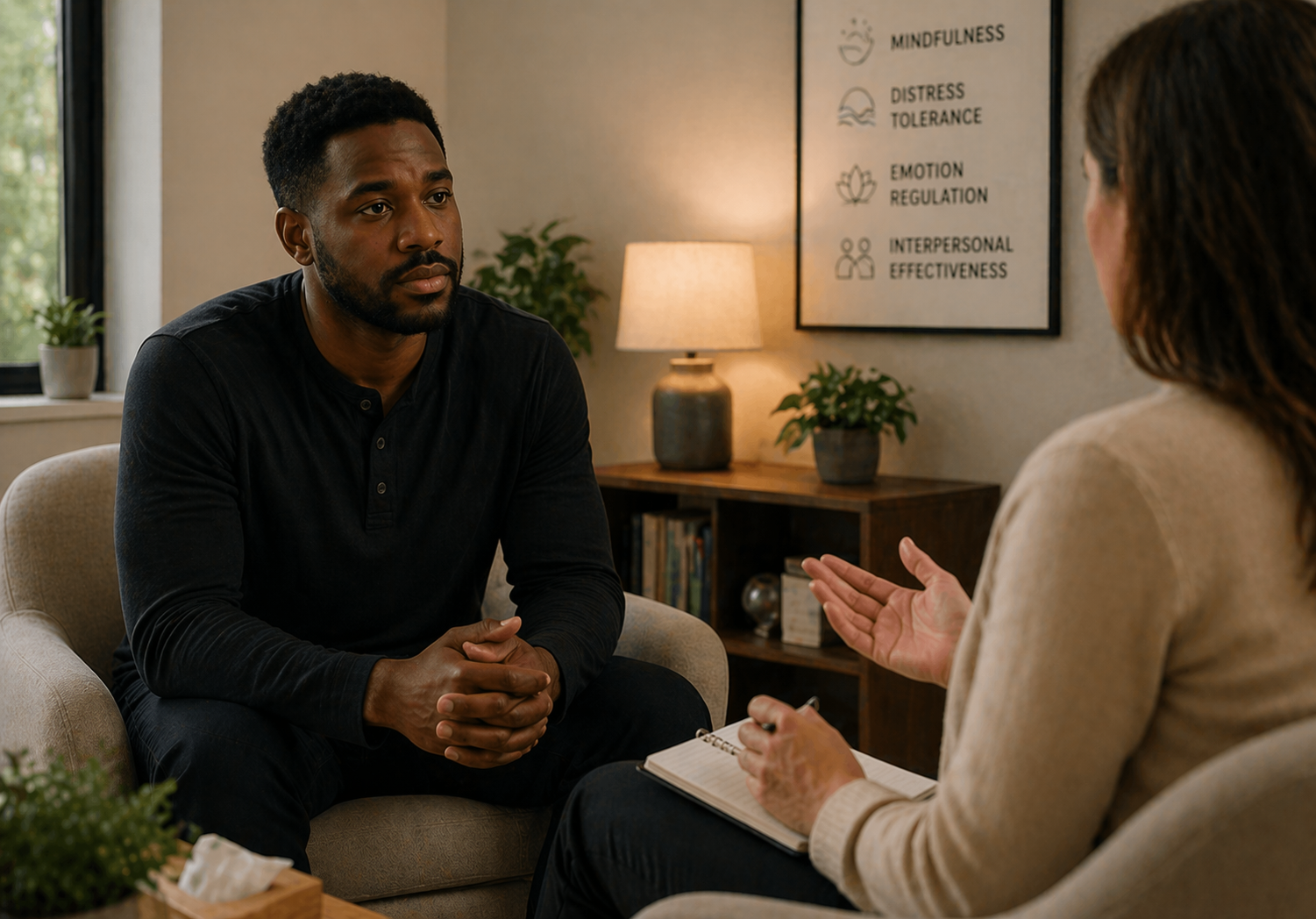 Therapist providing dialectical behaviour therapy (DBT) session focused on emotional regulation and mindfulness at Whole Minded Psychologists.