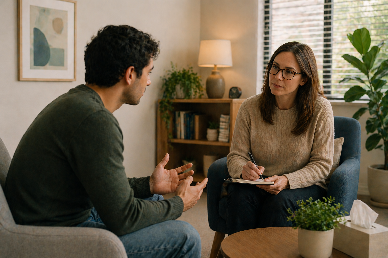 Therapist providing cognitive behavioural therapy (CBT) session focused on thoughts, behaviours, and emotional wellbeing at Whole Minded Psychologists.