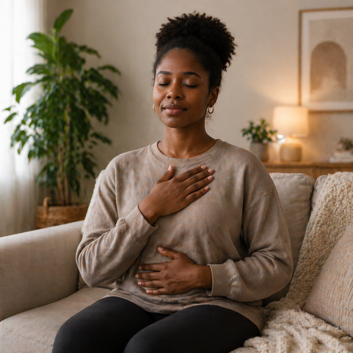 Woman practicing mindfulness breathing exercise at home for stress relief and emotional regulation in therapy.